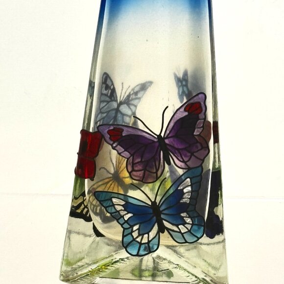 Joan Baker Designs Vtg Cobalt Art Stained Glass Bud Vase Butterflies Faith Hope - Picture 4 of 10